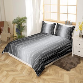 Homewish Black And Grey Bedding Set Single Abstract Black Ombre Comforter Cover For Teen Boys Adult Men,Geometric Striped Duvet Cover Modern Gradient Wavy Line Quilt Cover Black Gray Room Decor