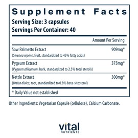 Vital Nutrients Saw Palmetto with Pygeum & Nettle Root - Vegan Saw Palmetto for Men Supports Healthy Prostate Function* - Gluten, Dairy, Soy Free - 120 Capsules
