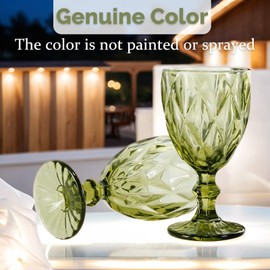 SL Wedding Decor Vintage Colored Green Wine Glass Goblets Glassware Set of 6, 10 OZ Unique Rhombus Textured Drinking Glasses for Wedding Party, Colorful Water Goblets Drinkware for Wine Cocktail Juice