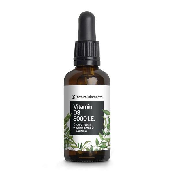 Vitamin D3 - Laboratory-Tested 5000 IU per Drop - 50 ml (1700 Drops) - Version of the Multiple Winner 2019/2020* - In MCT Oil from Coconut - High Dose, Liquid and Made in Germany