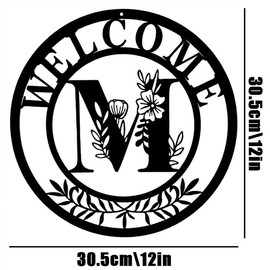 Initial Welcome Sign Front Door Wreath, 12 Inch Metal Monogrammed Sign Farmhouse Porch Sign Wall Art Decor, Monogram Rustic Welcome Wreath for Indoor Outdoor (Letter F)