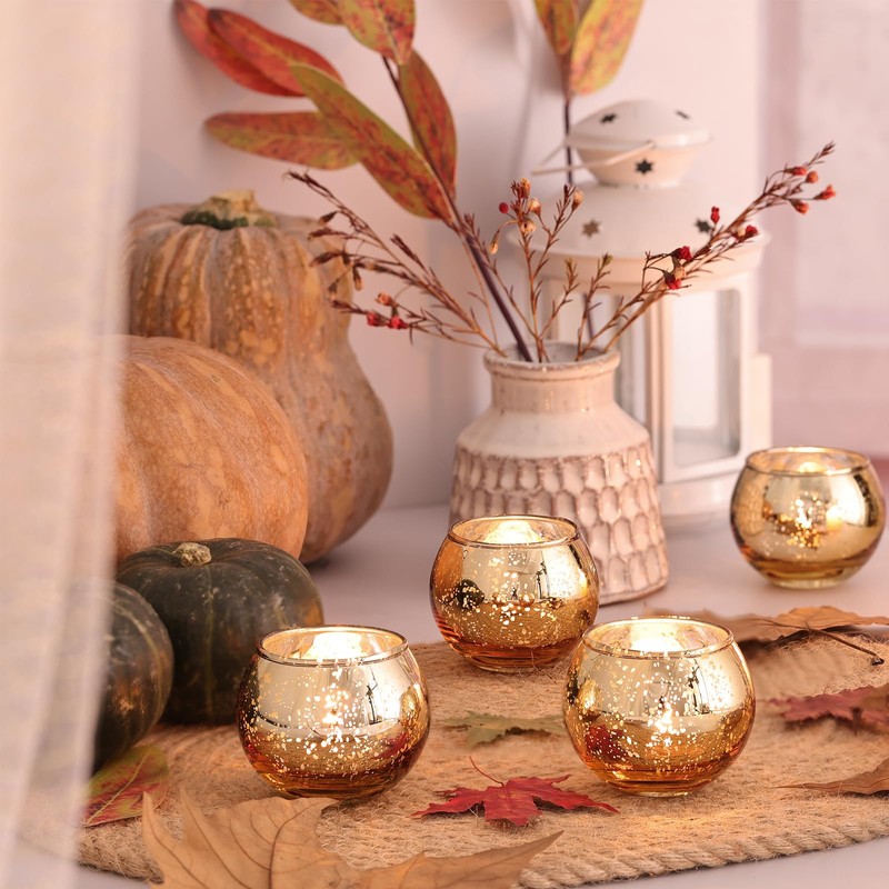 Volens Round Gold Votive Candle Holders, Mercury Glass Candle Holder