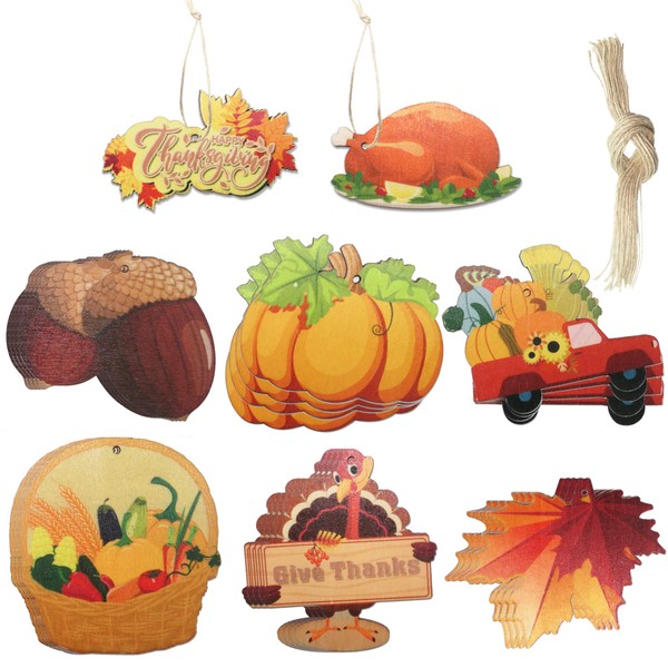 HADDIY Thanksgiving Wooden Ornaments,32 Pcs Fall Pumpkin Turkey Happy Thanksgiving Decorative Tree Hanging Ornaments with Strings for Autumn Harvest Home Decorations-Double-Side Printed