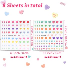 Xqumoi 8 Sheets Valentine’s Day Nail Stickers Conversation Heart Candy Art Decals 3D Self-Adhesive Decals Colourful Heart Love Patterns Design DIY Manicure Nail Decorations Gift for Women Girls
