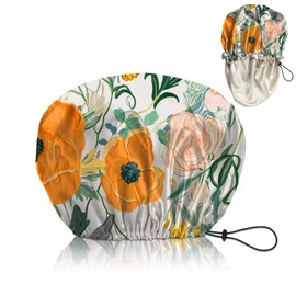 Cabreche Luxury Shower Cap Satin Silk Lined Adjustable Elastic Reusable Waterproof Shower Bath Cap Cute for Women Girls-Orange Flower