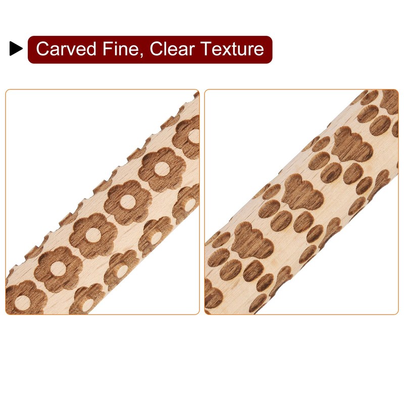 HARFINGTON 2pcs Wood Clay Roller 4" Flower Paw Print Pattern