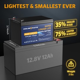 GOLDENMATE 12V 12Ah Lithium LiFePO4 Deep Cycle Battery 2 Pack, 5000+ Cycle Rechargeable Lithium Iron Phosphate Battery for Solar, Fish Finder, Power Wheels, Lighting, with 12A BMS
