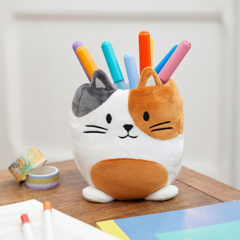 balvi Pencil Holder Fluffy Kitty Calico Colours White, Brown and