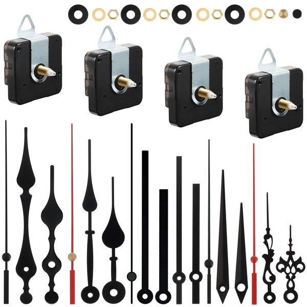 4 Pieces Clock Movement for Wall Clock Clock Movement with Hands DIY Clock Mechanism for Wall Clock Silent Quartz Movement with Hands with 6 Clock Hands Sets for Repair Replacement Parts (Black, Red,