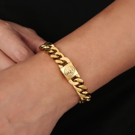 KRKC&CO 12mm Mens Cuban Link Bracelet, 18k Gold Plated Miami Thick Bracelet, Durable Anti-tarnish Urban Street-wear Hip Hop Jewelry for Him(Lion Clasp, gold, 8in)