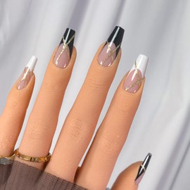 ParadiseWind Coffin Press on Nails,24 PCS Long Black and White Shimmering Gold French Tips Press on Nail Kit with Glue,French Full Cover Nail Tips with Glitter,Acrylic Fake Nails for Women and Girls.