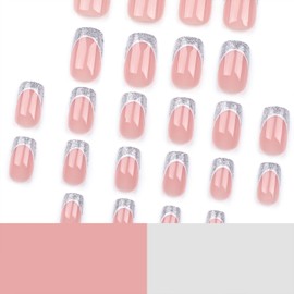 24Pcs Silver Glitter French Tip Press on Nails Short Square Fake Nails Nude False Nails Acrylic Glue on Nails Full Cover Stick on Nails Glossy Artificial Nails for Women