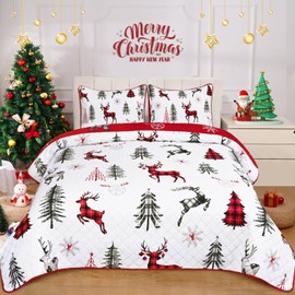 Likiyol 3 Piece Christmas Quilts Queen Size Christmas Tree Reversible Bedding Sets Elk Buffalo Plaid Bedspread Coverlet with 2 Shams, Microfiber Comforter Set for Christmas Decor (90'' x 90'')