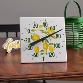 Taylor Ceramic Lemon Pattern Tabletop and Hanging Decorative Thermometer, Wall Home Decor for Living Room, Kitchen, Entryway, or Indoor and Outdoor Areas, 8-inch, Yellow