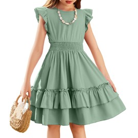 Arshiner Toddler Girls Back to School Dress Solid Twirl Dress Flutter Sleeve Clothes for 5-6 Years Light Green