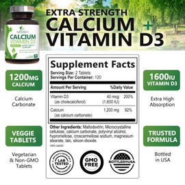 Nature's Nutrition Calcium 1200 mg with Vitamin D3, Calcium Supplement Vitamins, Supports Bone Strength, Teeth & Immune System, Calcium Supplements for Women & Men, Nature's Absorbable Calcium Carbonate - 240 Tablets