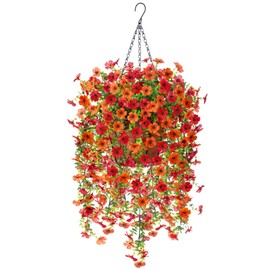Artificial Faux Hanging Flower Plants with Basket Outdoor Spring Decoration, Fake Silk Flowers Daisy Planter Eucalyptus Realistic UV Resistant for Outside Garden Porch Patio Home Decor(Red Orange)