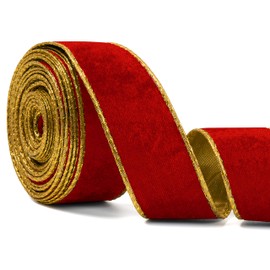 Red Wide Velvet Ribbon Wired for Christmas Tree, Garland, Wreath, 1.5 Inch 10 Yards