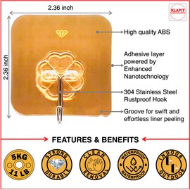 KLAPiT Super Hook - Heavy-Duty Adhesive Gold Wall Hooks, Holds Up to 11 lbs, Waterproof, No Damage, Easy Install on Tile, Wood, Stone, Glass & Metal - Made of Steel (Gold, 24pc)