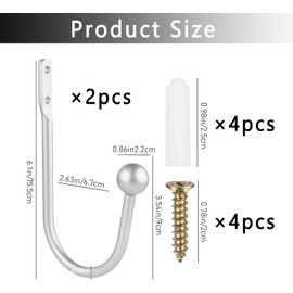 2PCS Curtain Tie Backs Hooks, Metal Curtain Holdbacks, Window Curtain Holder, Wall Mounted Curtain Tie Backs With Screws, Drapery Holdbacks for Fixed Curtain or Hanging Items (Silver)