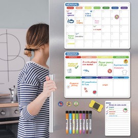 Calendario Magnético para Refrigerador en Español, 2 Planificador Mensual Semanal y 1 Pizarrón Blanco, Pizarra Magnetica Flexible de Nevera con Accesorios 8 Plumones y Borrador para Notas Diario