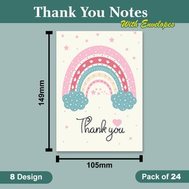 Papa Prints Pack of 24 Rainbow Thank You Cards Kids (149 x 105 mm) Kids Thank You Notes Thank You Card with Envelopes Thank You Cards Multipack