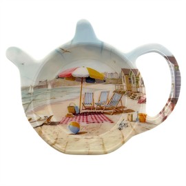 Sandy Beach Tea Bag Tidy, 12cm Nautical Teabag Dish, Coastal Tea Spoon Rest with Beach Scene