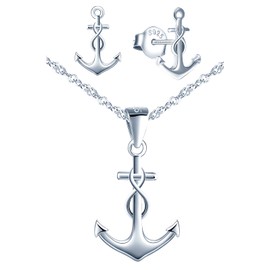 INFINIONLY Women's / Girls' Necklace Bracelets and Earrings, 925 Silver Jewellery Sets, Anchor Necklace Bracelet Earrings, Pendant Bracelets Earrings with Anchor and Infinity Symbol, Silver, Silver