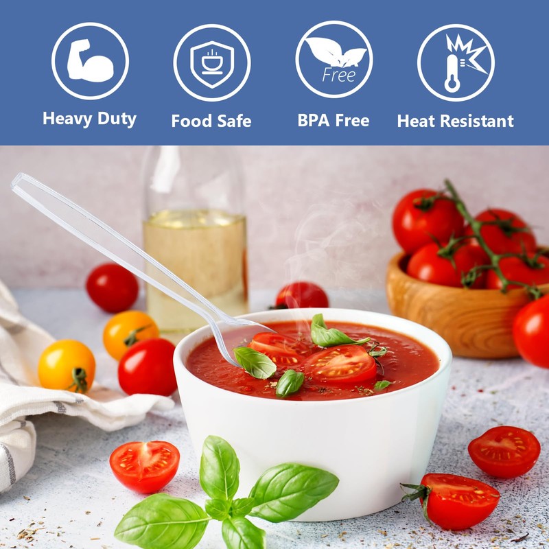 100 Count Plastic Spoons,Heavy Clear Plastic Spoons, Plastic Silverware,Premium Disposable