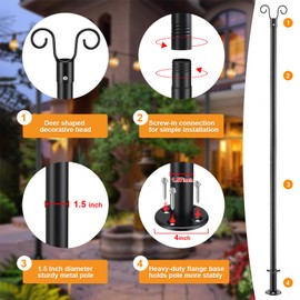 String Light Poles for Ground, 8FT Heavy Duty Adjustable Metal Poles for Outdoor String Light Hanging with Flange Base, Backyard, Garden, Patio, for Party (2 Pcs)