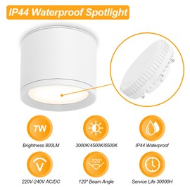 GeyouLux LED Surface-Mounted Spotlights IP44 3CCT White Including 7 W 800 LM LED Bulb 3000 K/4500 K/6500 K Surface-Mounted Spotlights Surface-Mounted Spotlights for Bathroom, Hallway, Living Room
