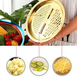 TEHAHA Colander Set With Peeler,3 in 1 Strainer for Kitchen: Stainless Steel Vegetable Slicer,Large Capacity Drain Basket With Mixing Bowl For Washing Vegetables, Fruit, Rice,Dishwasher Safe,Gold.