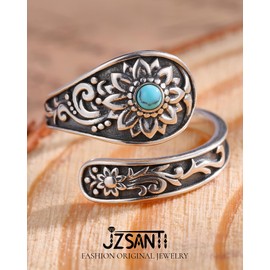 JZSANTI Turquoise Jewelry for Women - Sterling Silver Turquoise Rings Vintage Adjustable Sunflower Dragonfly Butterfly Spoon Ring Victorian Style Boho Antique Flower Thumb Statement Rings Jewelry Gifts for Women (Turquoise & Sunflower, 9# 10# 11#)