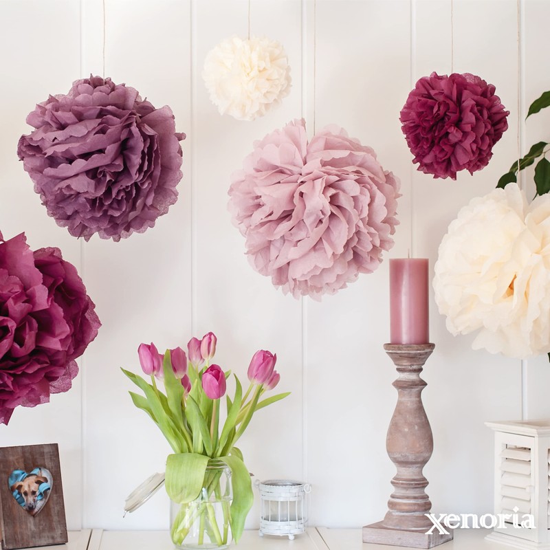 Set of 15 tissue paper pompoms, including satin ribbons (each