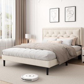 CXVX Queen Size Platform Bed Frame with Upholstered Velvet Button Tufted Headboard, Mattress Foundation with Wooden Slat Support, No Box Spring Needed, Easy Assembly, Noise Free, Beige