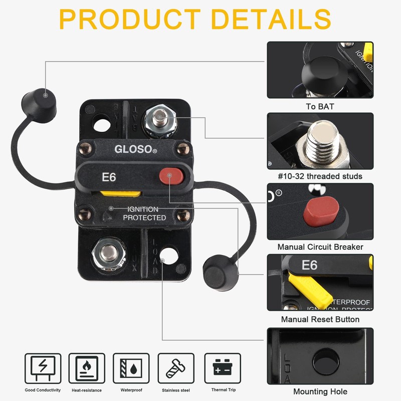 GLOSO Car Circuit Breaker 15 amp Boat Marine Manual Reset