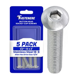 1/2-13 x 2" Button Head Socket Cap Screws 18-8 Stainless Steel, Quantity 5, Allen Hex Drive by Fastenere