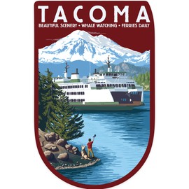 Die Cut Sticker Tacoma, Washington, Ferry and Mount Rainier Scene, Contour Vinyl Sticker 3 to 6 inches, (Waterproof Decal for Cars, Water Bottles, Laptops, Coolers), Large