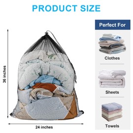 2 Pack Large Mesh Laundry Bags, 24" x 36" Heavy Duty Strong Drawstring Dirty Clothes Bags with Soft Breathable Net, Machine Washable Laundry Bag for College, Dorm, Camp, Travel and Family Use(Black)