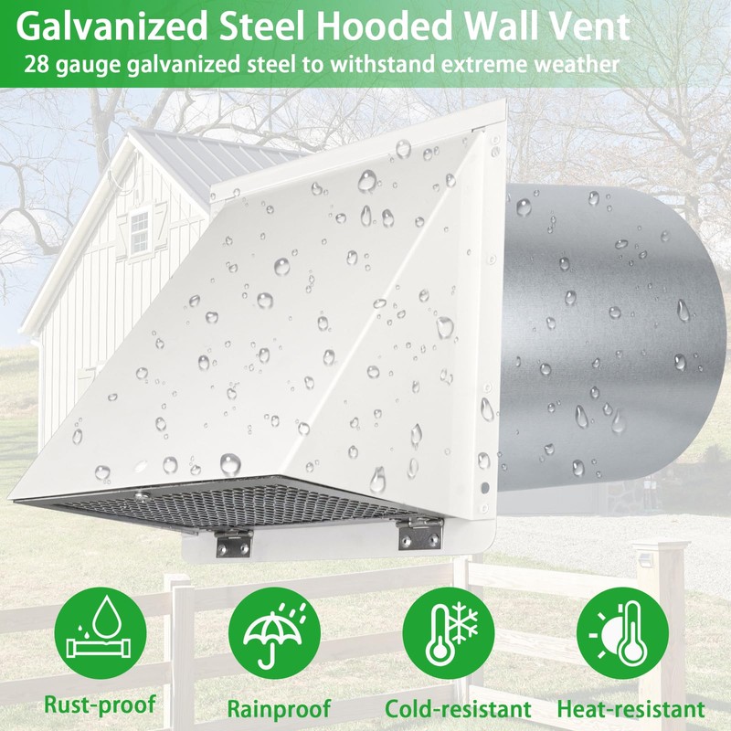 8 Inch Hooded Wall Vent with Screen and Damper,Outdoor Wall