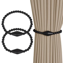Meplait Magnetic Curtain Tiebacks, 2 Pack Curtain Holdbacks Wood Bead Curtain Tiebacks Farmhouse Curtain Holdbacks Boho Tie Backs for Curtain (Cone, Black)