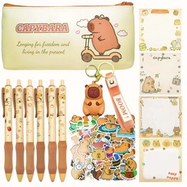 Joylio Capybara Stationery Set – Cute stationery set include capybara pencil case, gel ink pens (black ink), stickers, sticky notes and keyring for office school kids students stationery supply