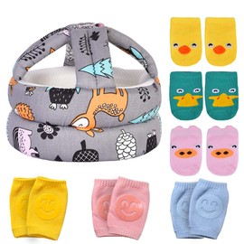 Umtiti Baby Safety Helmet, Lightweight and Soft, Come with 3 Pairs Baby Knee Pads for Crawling & 3 Pairs Baby Socks, Soft Head Guard for Baby Learning to Walk. Forest,Grey+6 (CA)