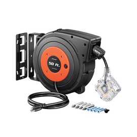 DEWENWILS 50 FT Retractable Extension Cord Reel with 6 Grounded Outlets, 14/3C SJTOW Heavy Duty Power Cord with New Twist-Lock Stopper, Lighted Triple Tap, 13A Circuit Breaker, ETL Listed