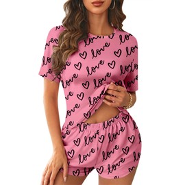 Ekouaer Women Pajama Set Short Sleeve Comfy Pjs Sets 2 Piece Lounge Set with Pockets Pink Love Large