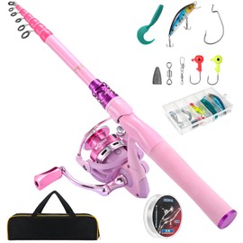 Castaroud Lady Fishing Pole Kit, Carbon Fiber Telescopic Pink Fishing Rod and Reel Combos with Spinning Reel, Fishing Line, Fishing Lures, Travel Bag for Womens Fishing Pole or Girls Fishing Rod