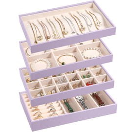 LANDICI Stackable Jewelry Organizer Trays 4 Set,PU Leather Jewelry Organizer Drawer,Jewelry Storage Display Tray for Earring Necklace Rings Bracelet with Removable Dividers,Lavender