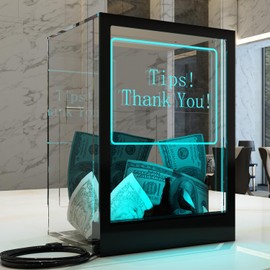 HEMYLU Tip Jar with 2 Sign Holders, LED Light & Lock for Bar & Party, Donation Box with Sign Holder ''Tips! Thank You!'', Suggestion Box with DIY Blank Sign Holder for Getting Cards, Voting & Ballots