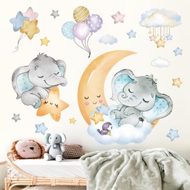 Fufuquare Cartoon Moons Stars Clouds Wall Sticker Elephant Balloons Animals Wall Sticker Removable Vinyl for Home Decoration