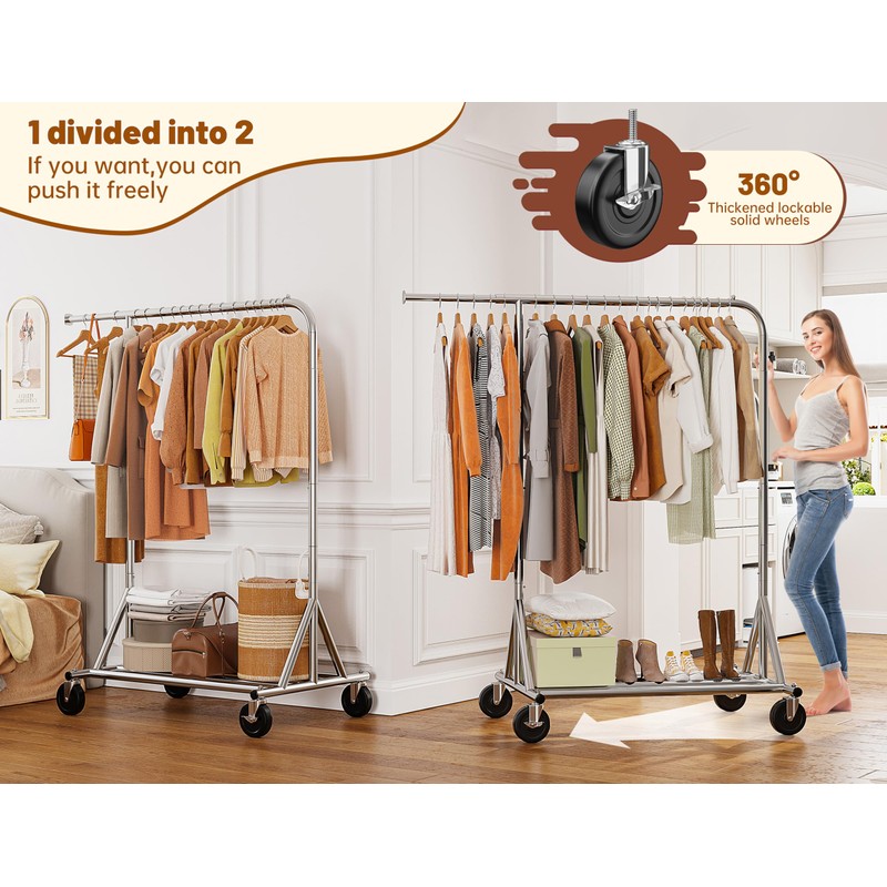 Raybee Heavy-Duty Clothes Rack, 117" W Rolling Rack with Wheels,